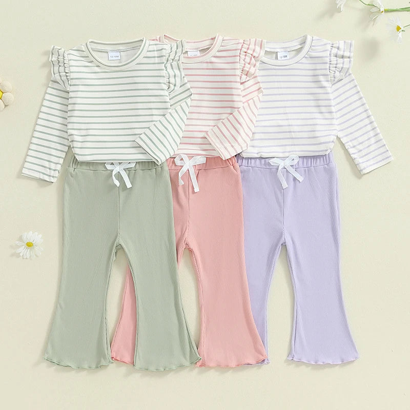 Toddler Girls Lacy Set Striped Long Sleeve Ruffled Tops Elastic Waist Drawstring Long Flare Pants Outfits