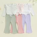Toddler Girls Lacy Set Striped Long Sleeve Ruffled Tops Elastic Waist Drawstring Long Flare Pants Outfits