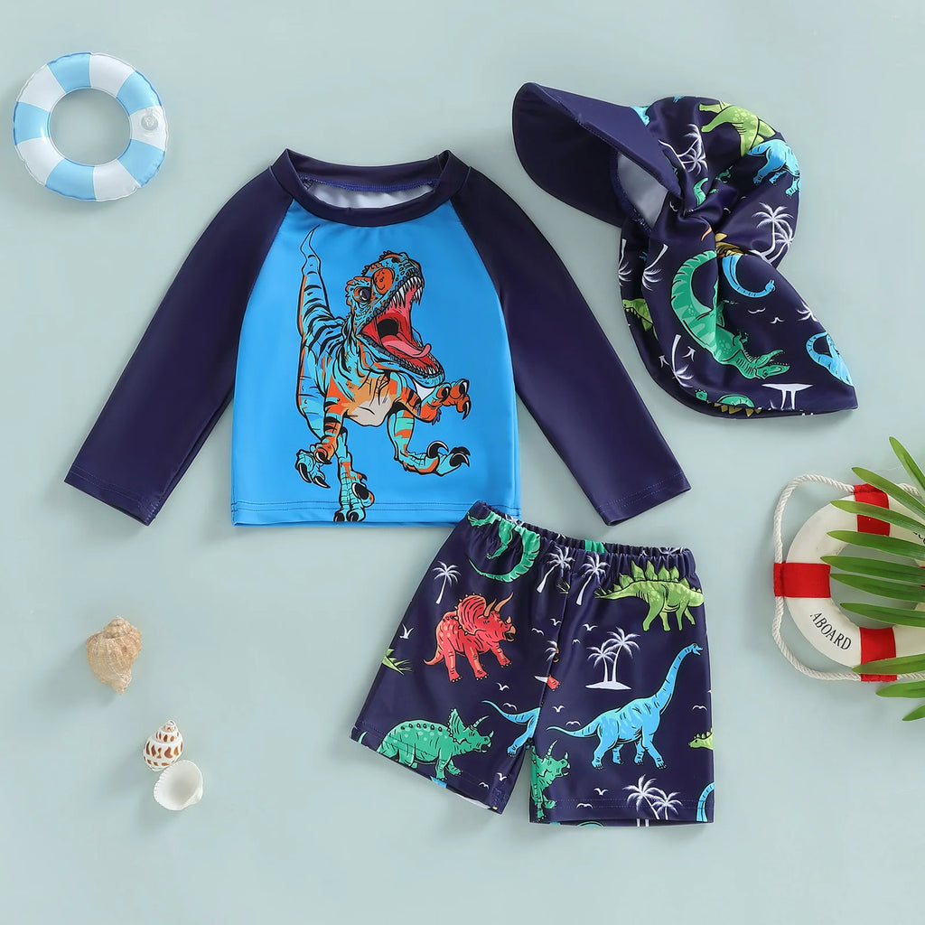 Toddler Boy  Swimsuit Long Sleeve Shark Print Rash Guard Bathing Suit Swimwear with Sun Hat for Kids