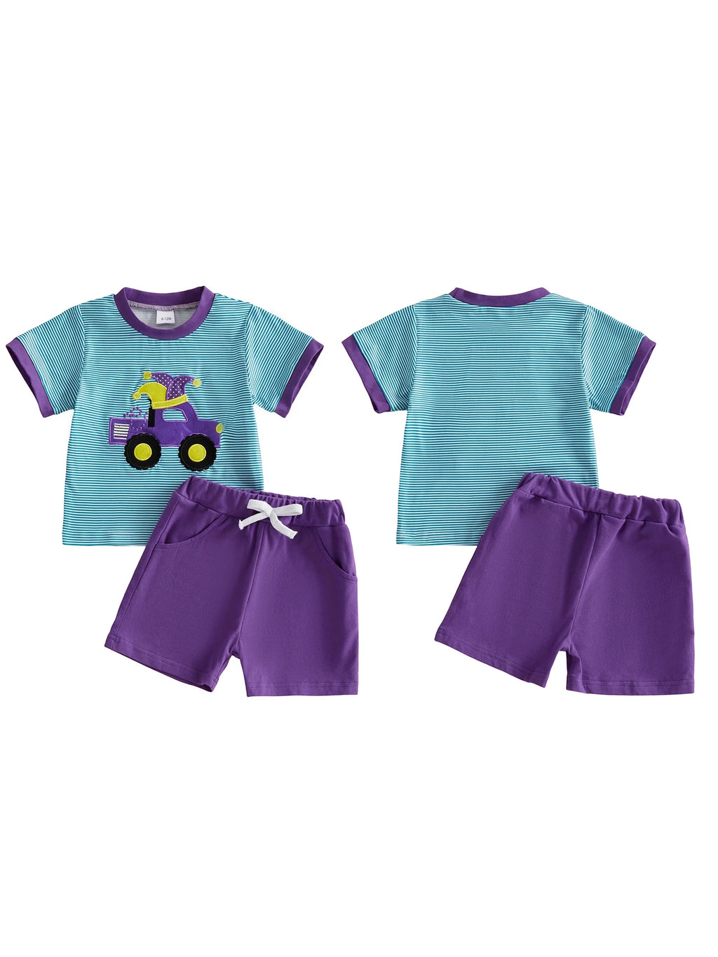 Boys Summer 2 Piece Set Short Sleeve Round Neck Dinosaur Print Striped Tops and Shorts Outfit for Carnival Fun