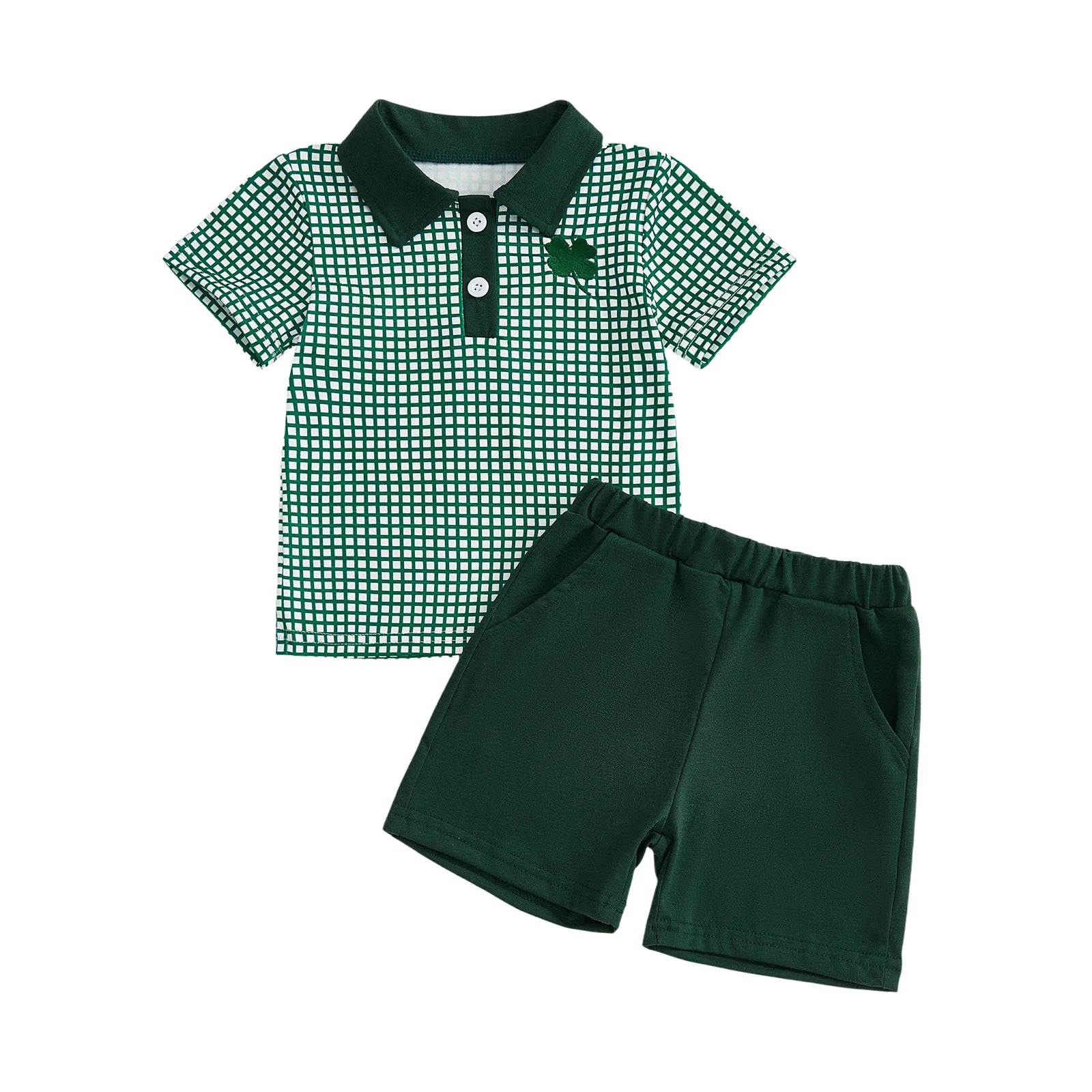 Boys St Patrick s Day Outfit Short Sleeve Lapel Clover Embroidery Plaid Shirt and Solid Color Shorts Set for Irish Celebration