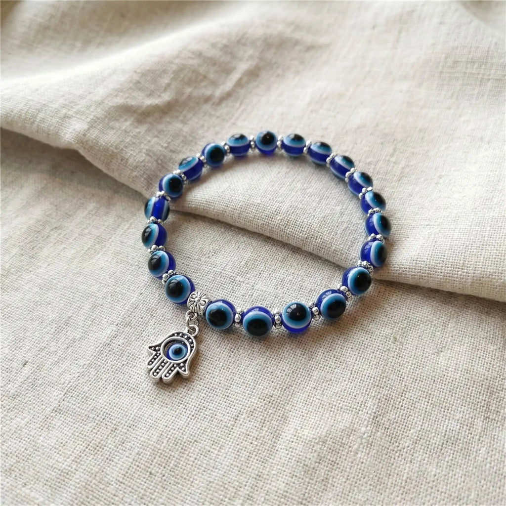 8mm Blue Evil Eye Beaded Stretch Bracelet with Hand Charm -Lucky Protection Jewelry for Women & Girls