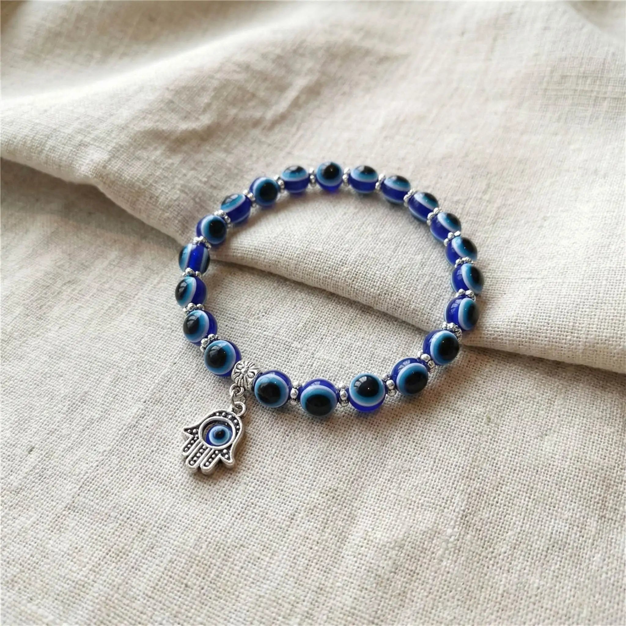 8mm Blue Evil Eye Beaded Stretch Bracelet with Hand Charm -Lucky Protection Jewelry for Women & Girls
