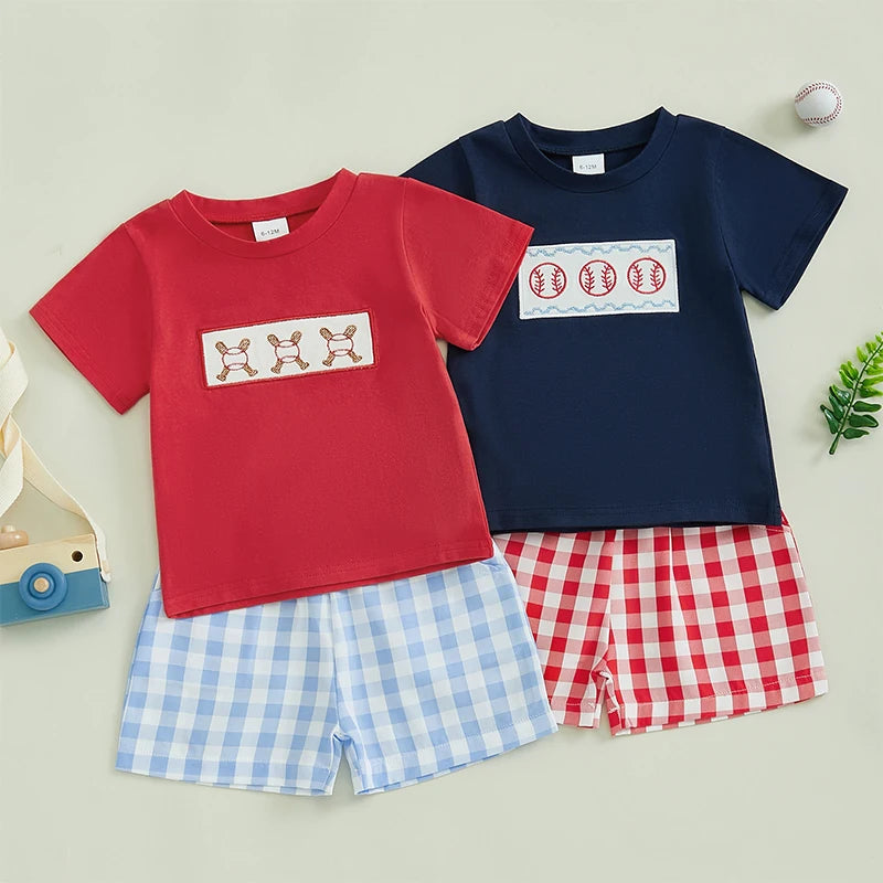 Boys 2-Piece Outfit Set with Embroidered Baseball Tee and Plaid Shorts Elastic Waistband Short Sleeve Top
