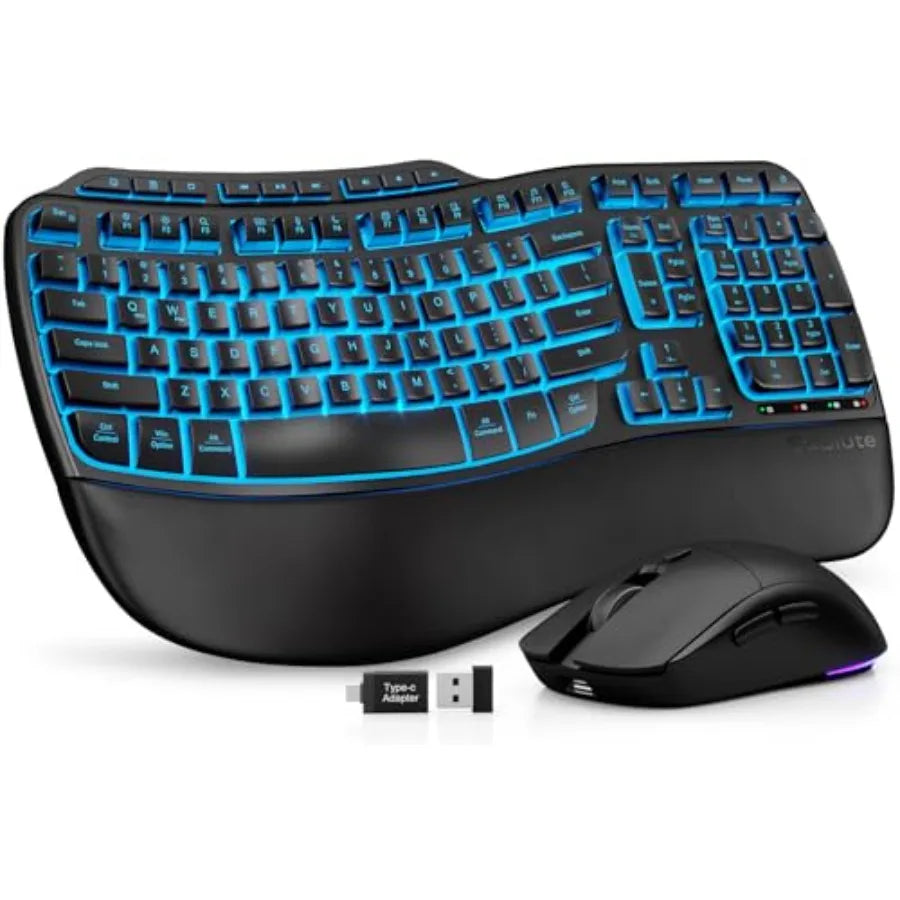 Wireless Keyboard and Mouse Combo, Rechargeable 4000mAh Backlit Keyboard with Soft Palm Rest, Wave Keys