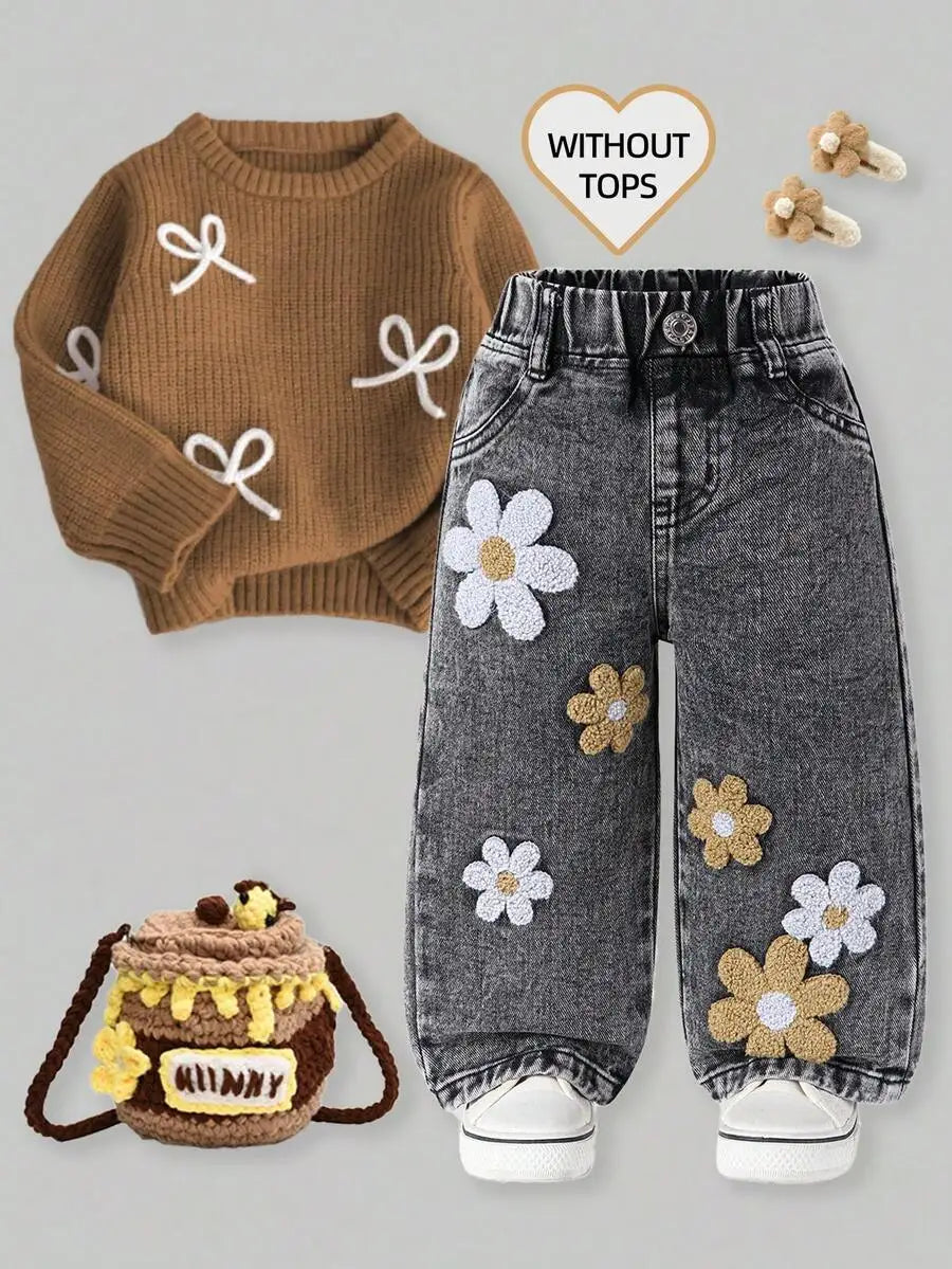 Toddler Girl Denim Pants with Crochet Flower Applique, Loose Fit Blue Jeans for Spring Fall
