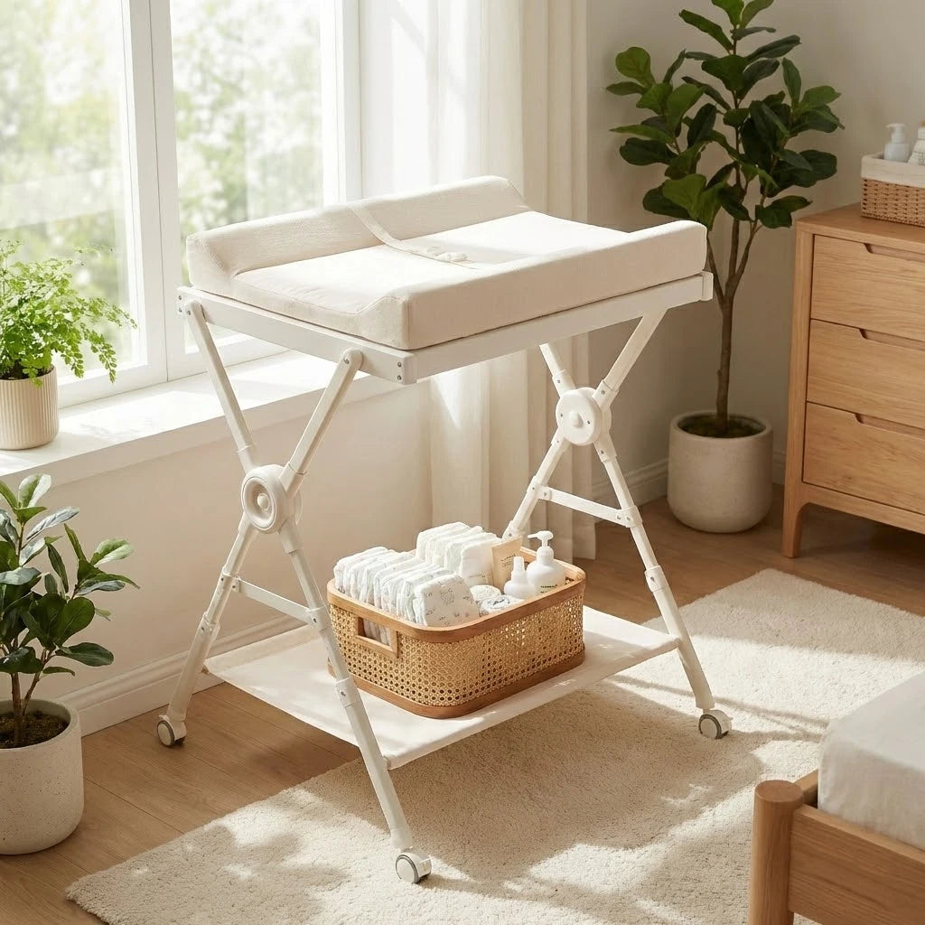 Baby Changing Table with Wheels - Adjustable Height, Storage Rack, Side Basket & Hanging Rail,