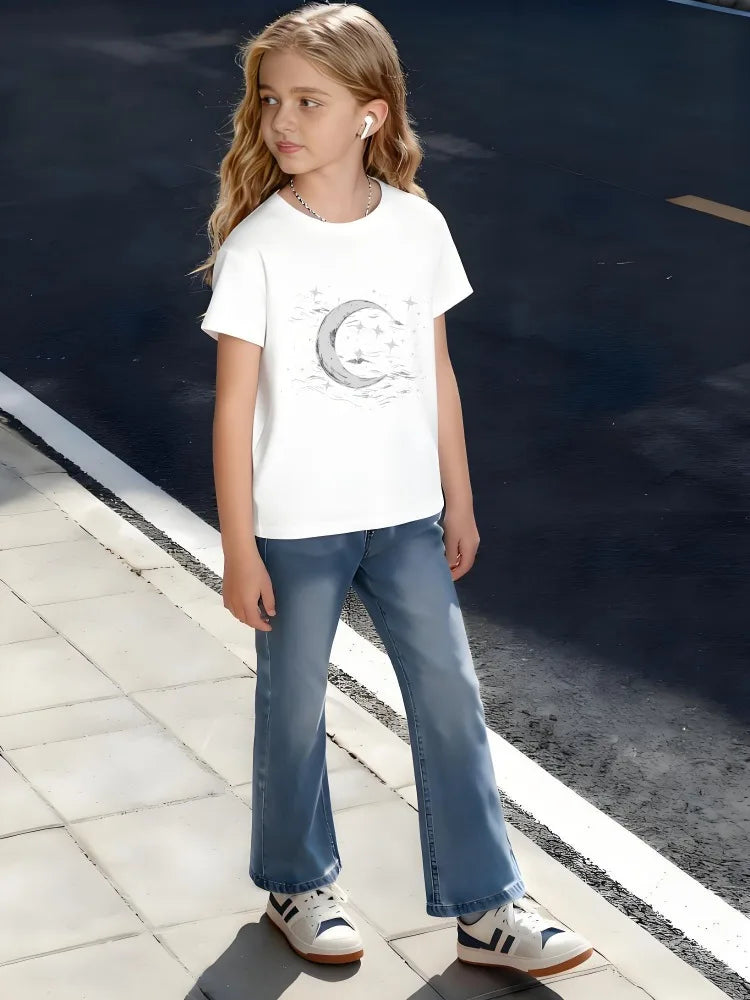 Kids Children's Cotton T-Shirt Crescent Moon with Starry Night Sky Texture for Boys Girls Dreamy Celestial Theme Outfit