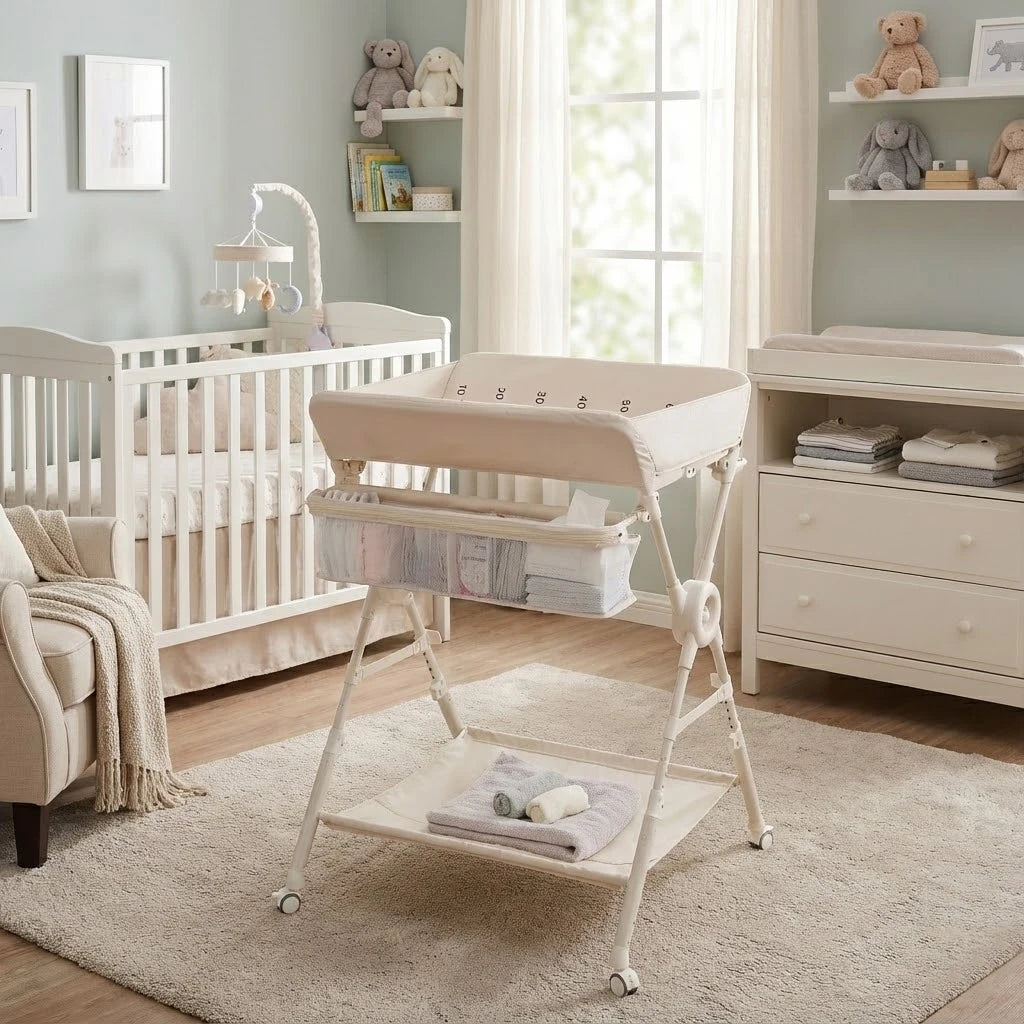 Baby Changing Table with Wheels - Adjustable Height, Storage Rack, Side Basket & Hanging Rail,