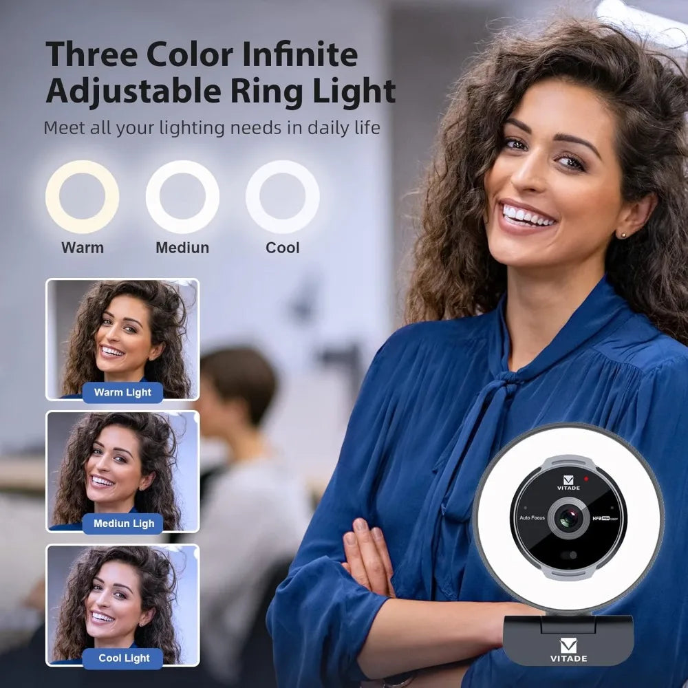 1080P 60FPS Streaming Webcam with Remote Control, 5X Digital Zoom, Adjustable Ring Light & Tripod, Privacy Shutter, USB-A/C for Laptop/Mac/PC