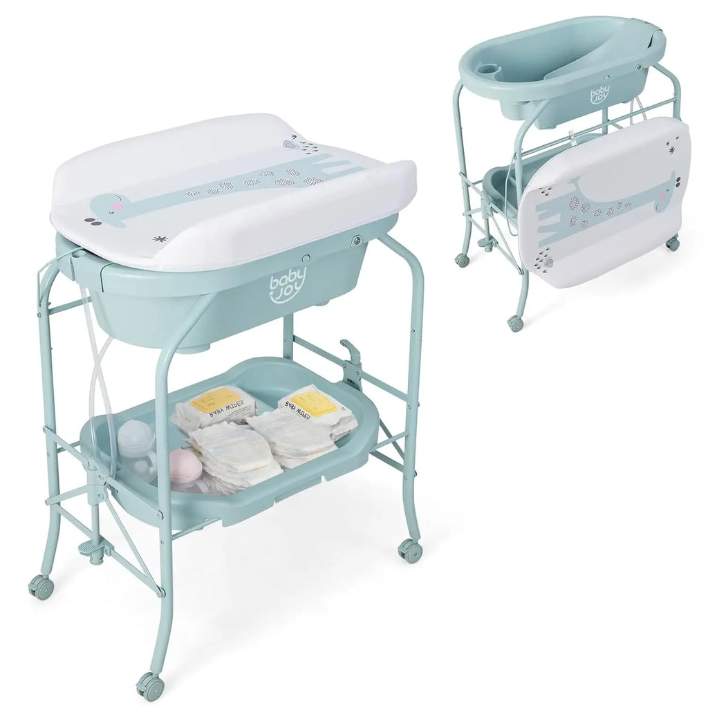 Baby Bathtub with Changing Table, Foldable Infant Diaper Changing Station with Storage Tray, Waterproof Pad, Portable Newbo