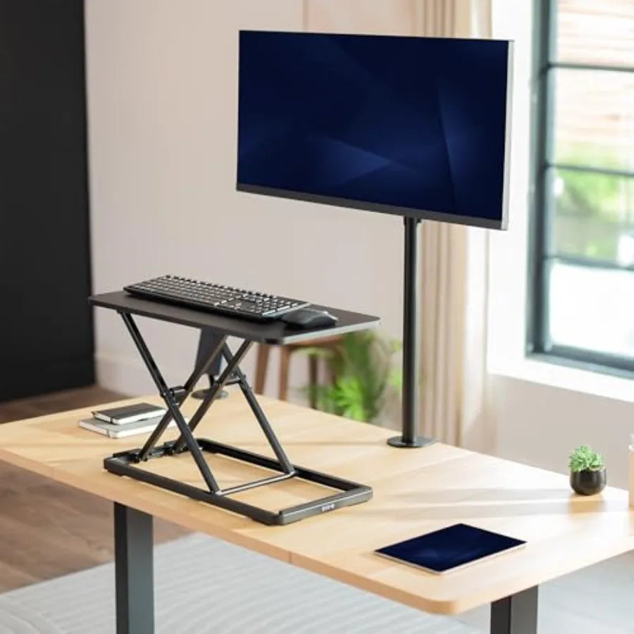 sit-stand workstation: 24-inch single-top scissors lift keyboard and mouse riser, height adjustable laptop desk, blac