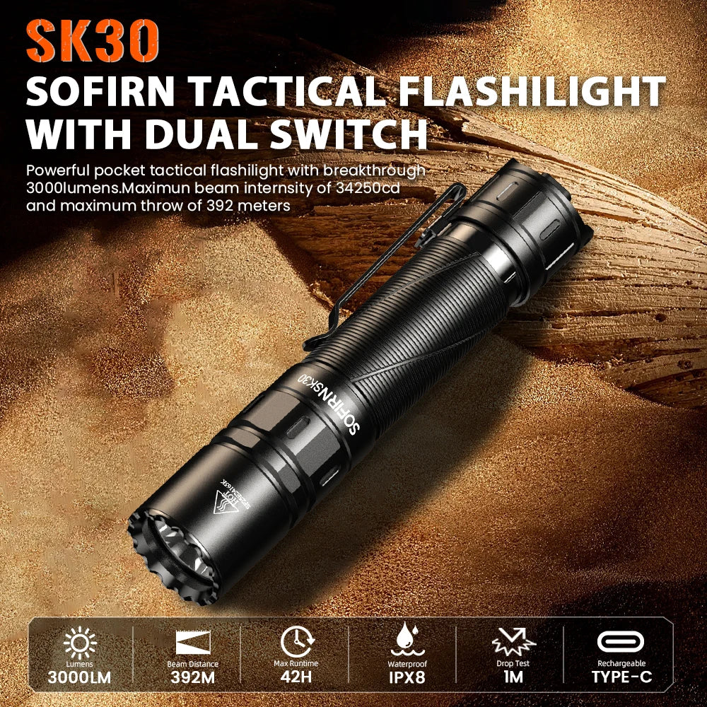 Tactical Flashlight SFT70 LED Light 6500K 21700 USB C Rechargeable Torch Double Switch