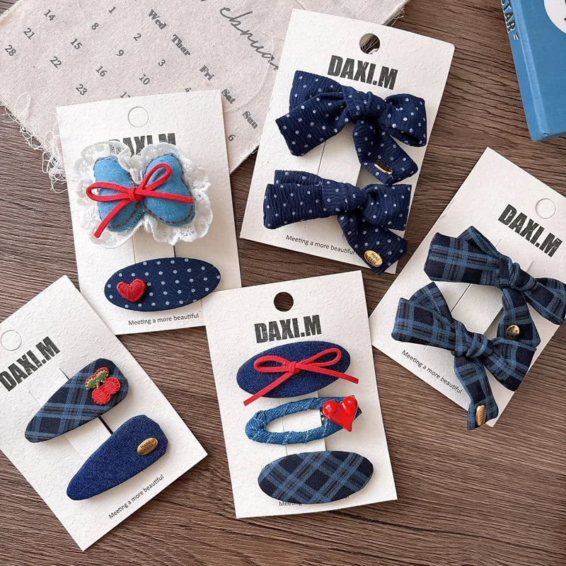High Quality Sweet Academic Hair Clip Navy Plaid Bow BB Clip for Girls Versatile Side Clamp with Polka Dots