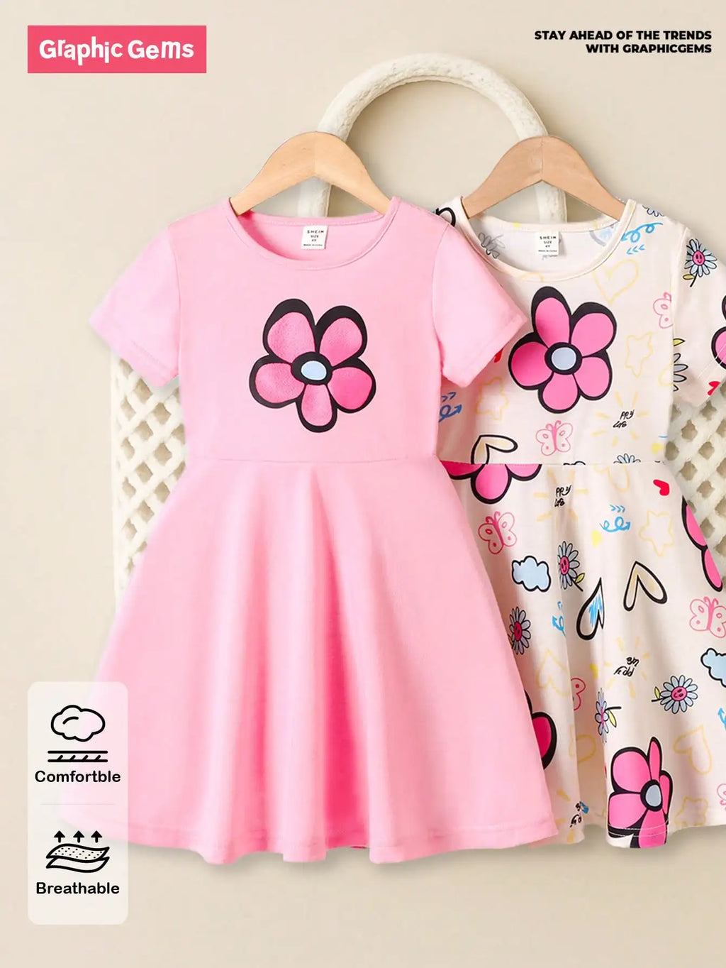 2-Pack Girls Short Sleeve A-Line Dresses with Rainbow & Heart Prints for Summer Casual Wear