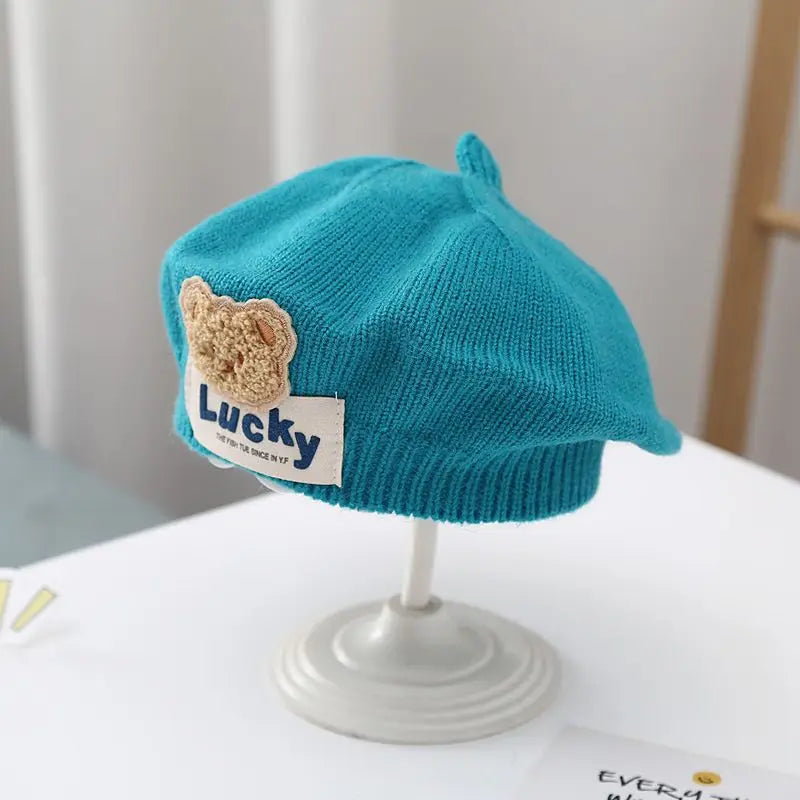 Flower Baby Beret Hat Winter Warm Knitted Beanie Cap for Infant Girls Toddler Princess Artist Solid Color Painter Caps