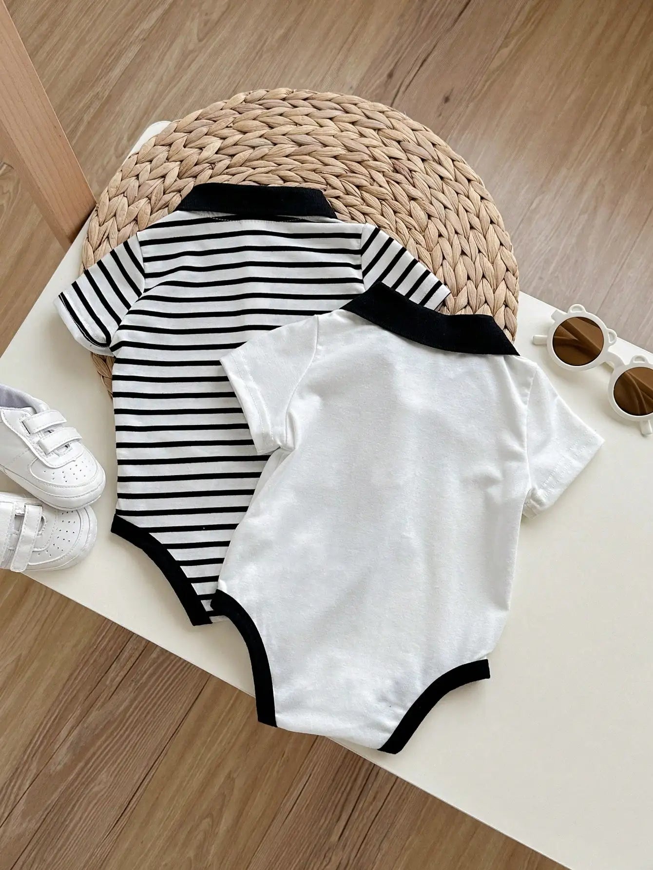 2pcs Set Newborn Baby Boys Cute Casual Striped Knit Short Sleeve Polo Bodysuit Outfit, Suitable For Birthday Party