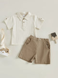 Boys Casual Summer Outfit Set with Short Sleeve Lapel Button Up Top and Solid Color Shorts - Stylish and Comfortable Boys