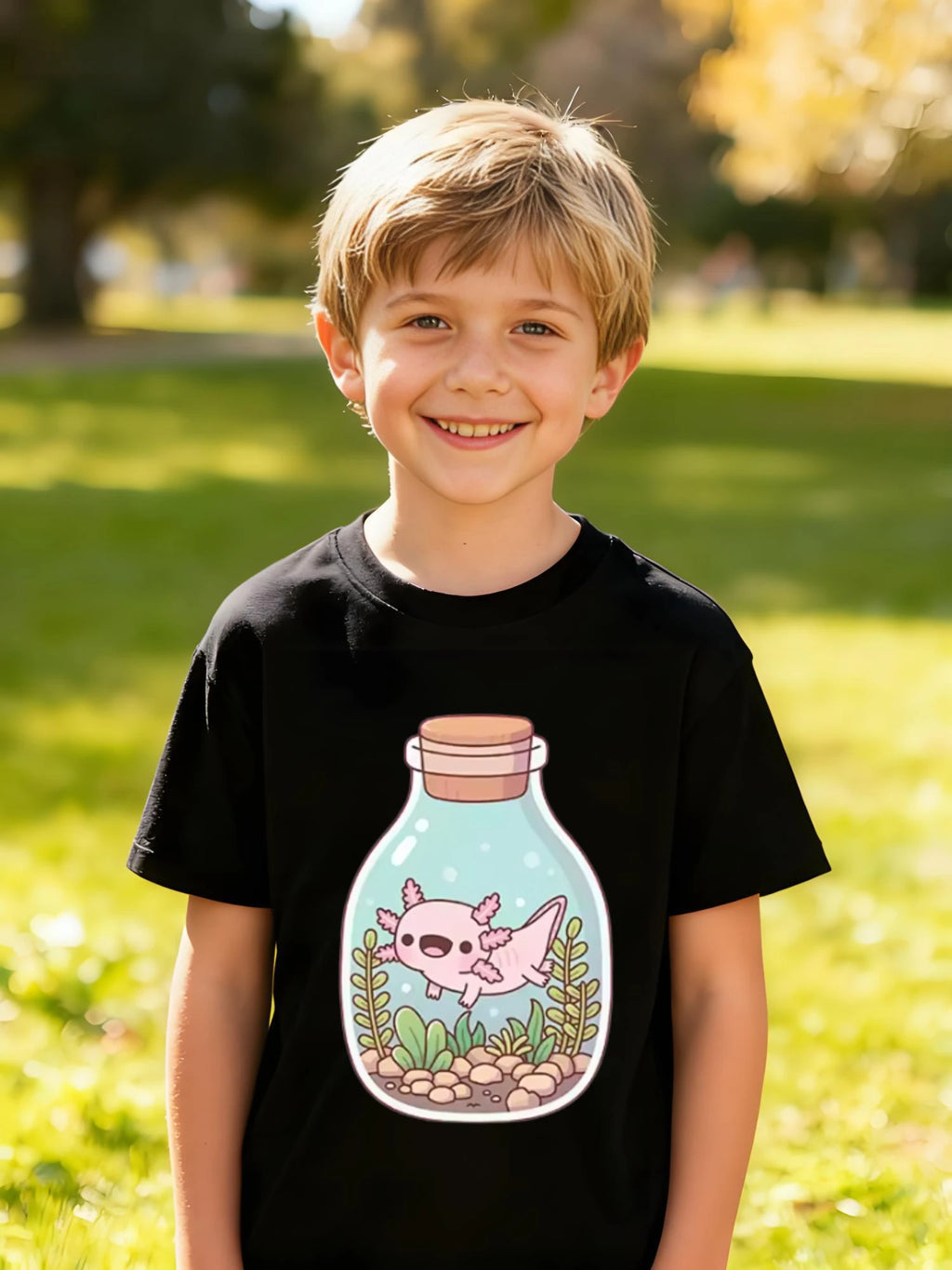 Children's Kids Cotton T-Shirt Glass Bottle with Pebbles and Aquatic Plants for Boys Girls Unique Pet Theme