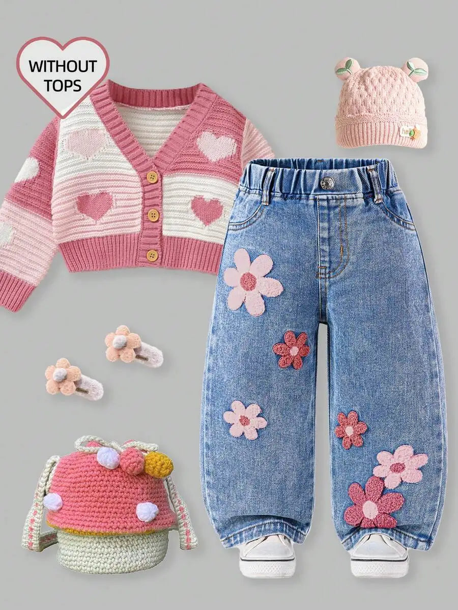 Toddler Girl Denim Pants with Crochet Flower Applique, Loose Fit Blue Jeans for Spring Fall