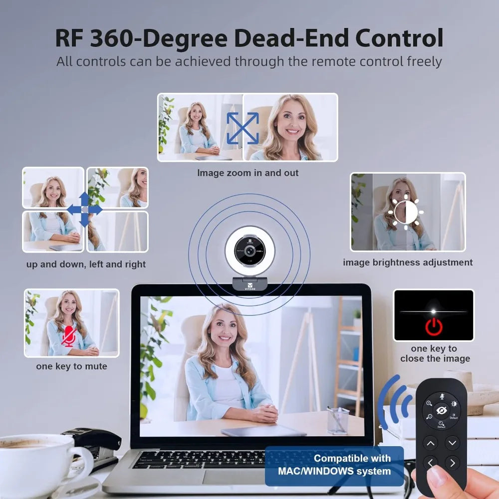 1080P 60FPS Streaming Webcam with Remote Control, 5X Digital Zoom, Adjustable Ring Light & Tripod, Privacy Shutter, USB-A/C for Laptop/Mac/PC