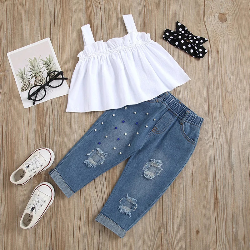 01-26  Girls Summer 2PCS Pants Sets White Sleeveless Cami Tops Blue Ripped Denim Pants Sets