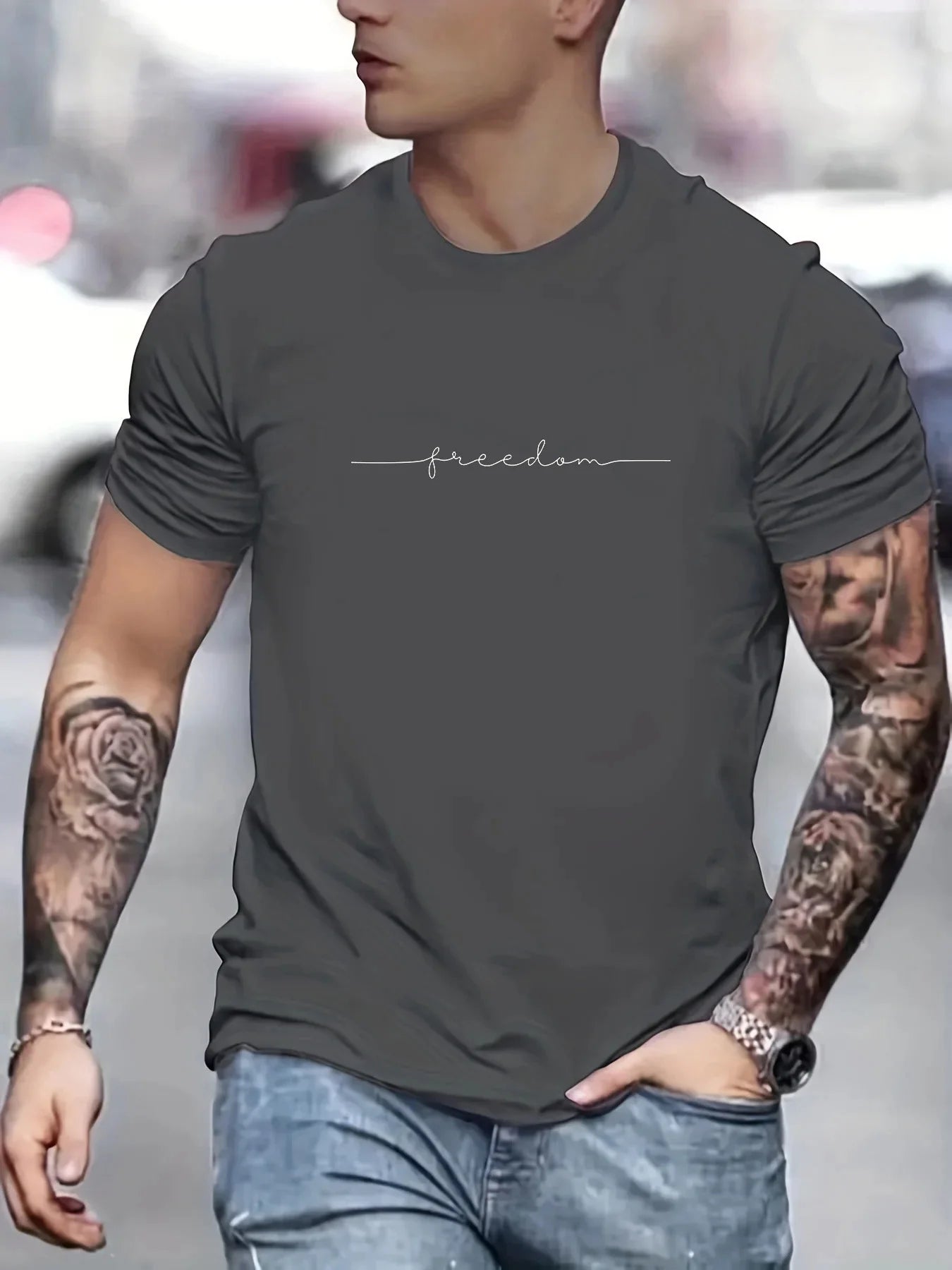Men's Summer Loose Size 100% Cotton Freedom Graph Print Casual Slim Fit Round Neck T-shirt