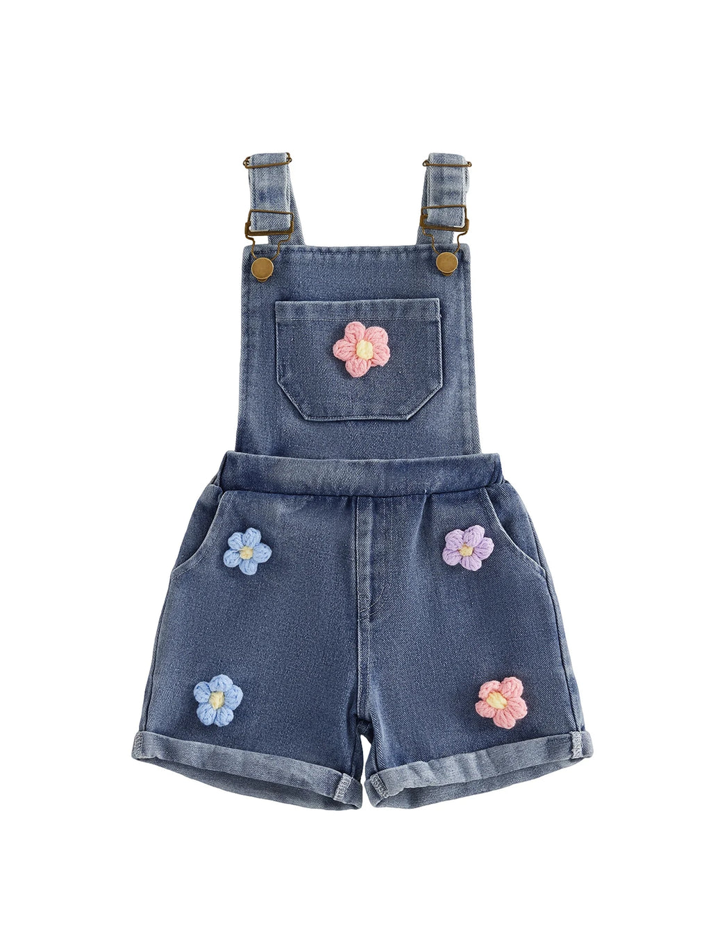 Adorable Infant Girl Floral Embroidered Sleeveless Denim Romper with 3D Flower Appliques for Summer Fun