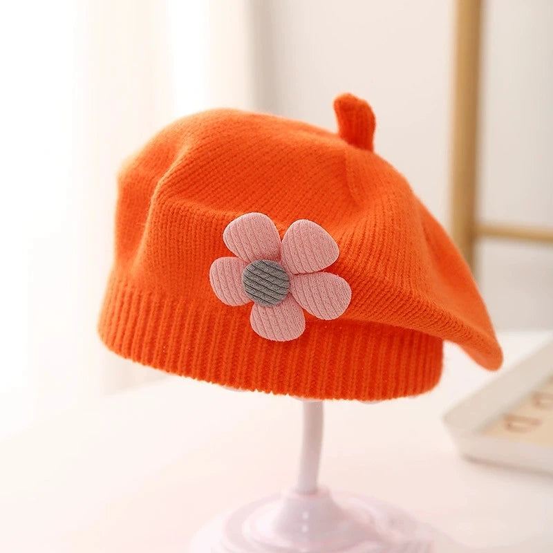 Flower Baby Beret Hat Winter Warm Knitted Beanie Cap for Infant Girls Toddler Princess Artist Solid Color Painter Caps