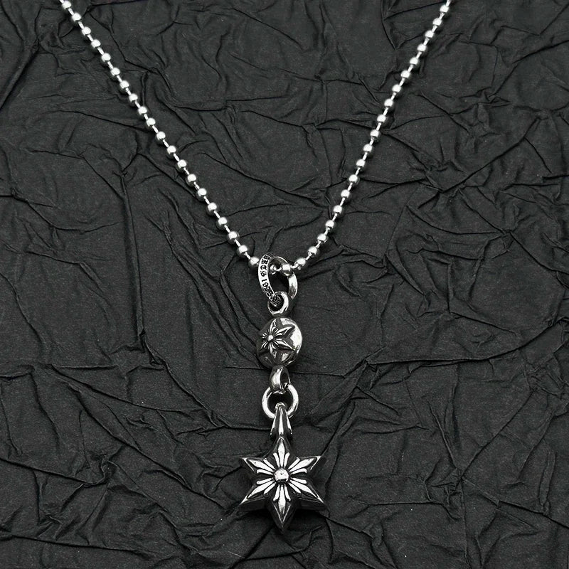 Sterling Silver Retro Old Ring Single Ball Hexagram Pendant Necklace Men's and Women's.