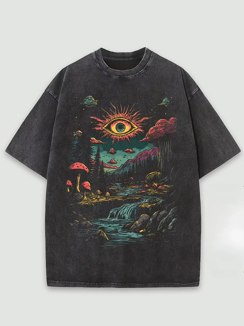 Vintage Men's Washed Cotton Graphic T-Shirt Dark Fantasy Forest Glowing Sun Eye Print Soft Streetwear.