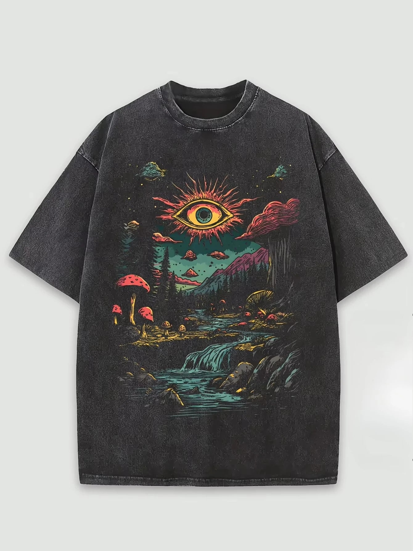 Vintage Men's Washed Cotton Graphic T-Shirt Dark Fantasy Forest Glowing Sun Eye Print Soft Streetwear.