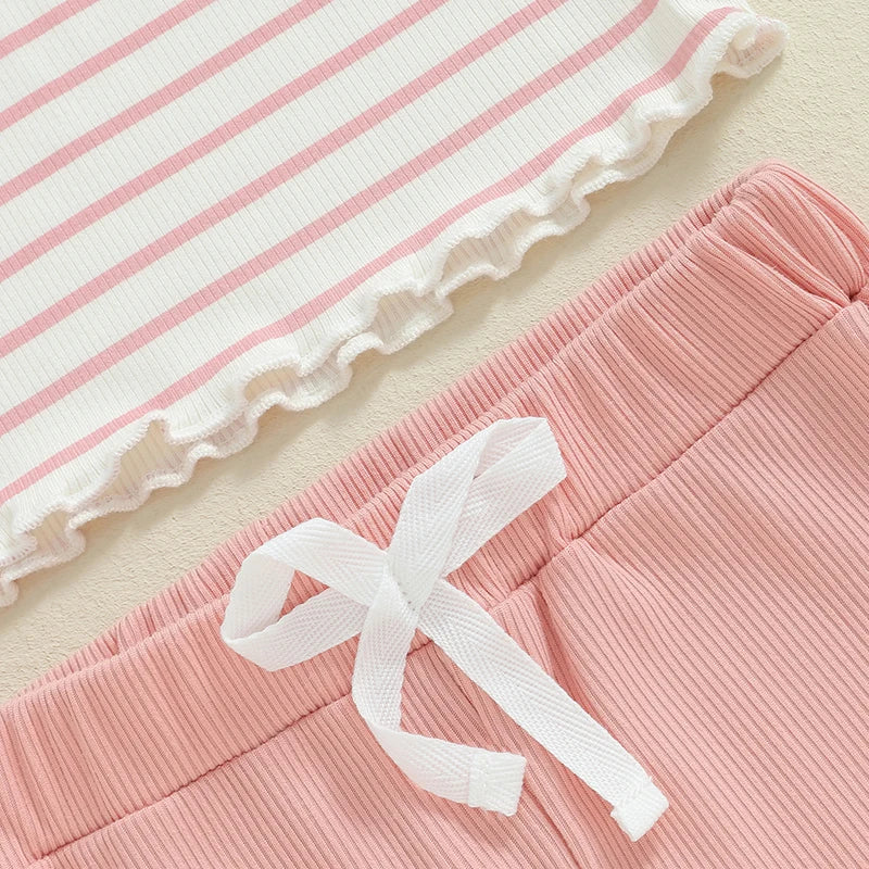 Toddler Girls Lacy Set Striped Long Sleeve Ruffled Tops Elastic Waist Drawstring Long Flare Pants Outfits