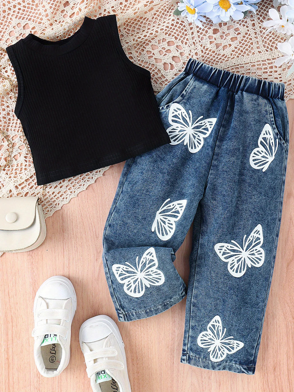 Toddler Girl Fashion Outfits, Solid Color Tank Top & Trendy Printed Jeans Set, Girl Summer Spring Clothes 1-5T