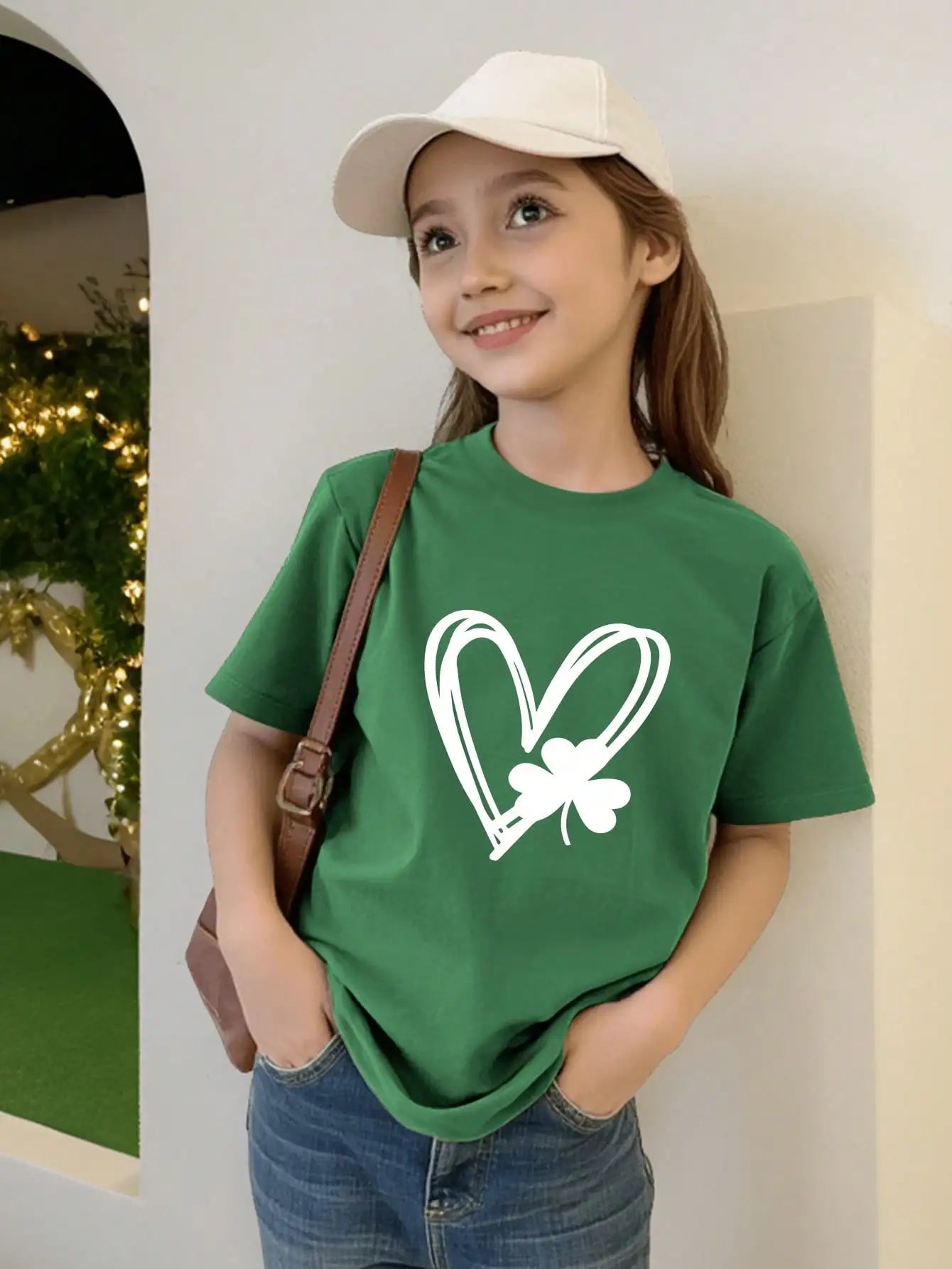Girls Green Short Sleeve T-Shirt with White Heart and Clover Graphic