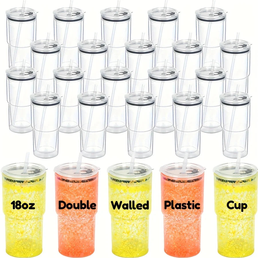 25pcs 18 Oz Water Bottles, Acrylic Snowglobe Tumbler, Snow Globe Cups with Pre Drilled Hole, Double Wall Travel Cups