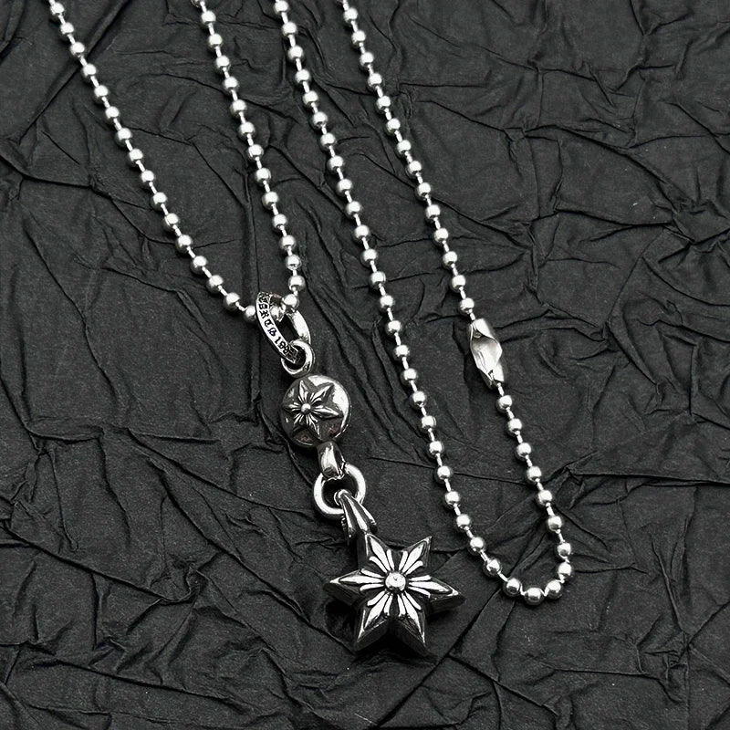 Sterling Silver Retro Old Ring Single Ball Hexagram Pendant Necklace Men's and Women's.