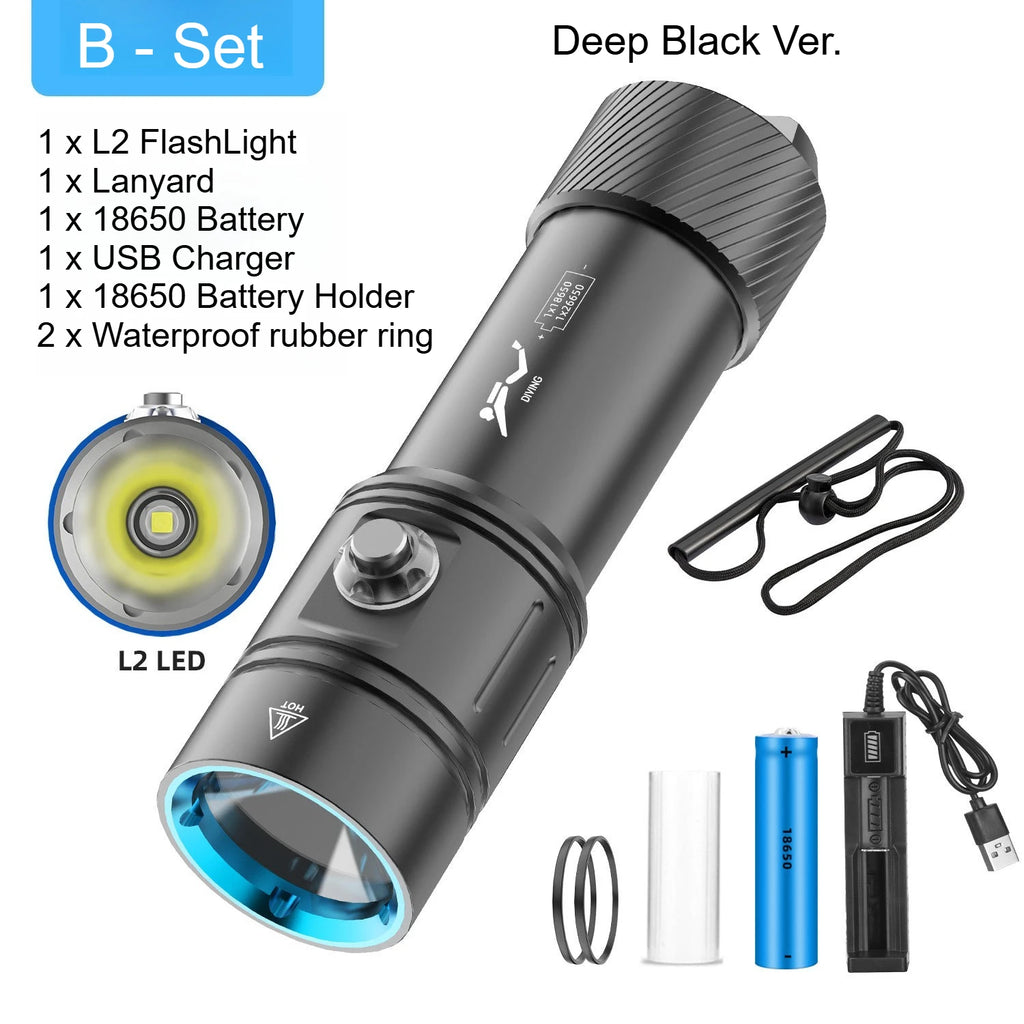 Professional diving L2-2000LM LED diving flashlight super bright IPX8 waterproof flashlight underwater 200M fishing flashlight