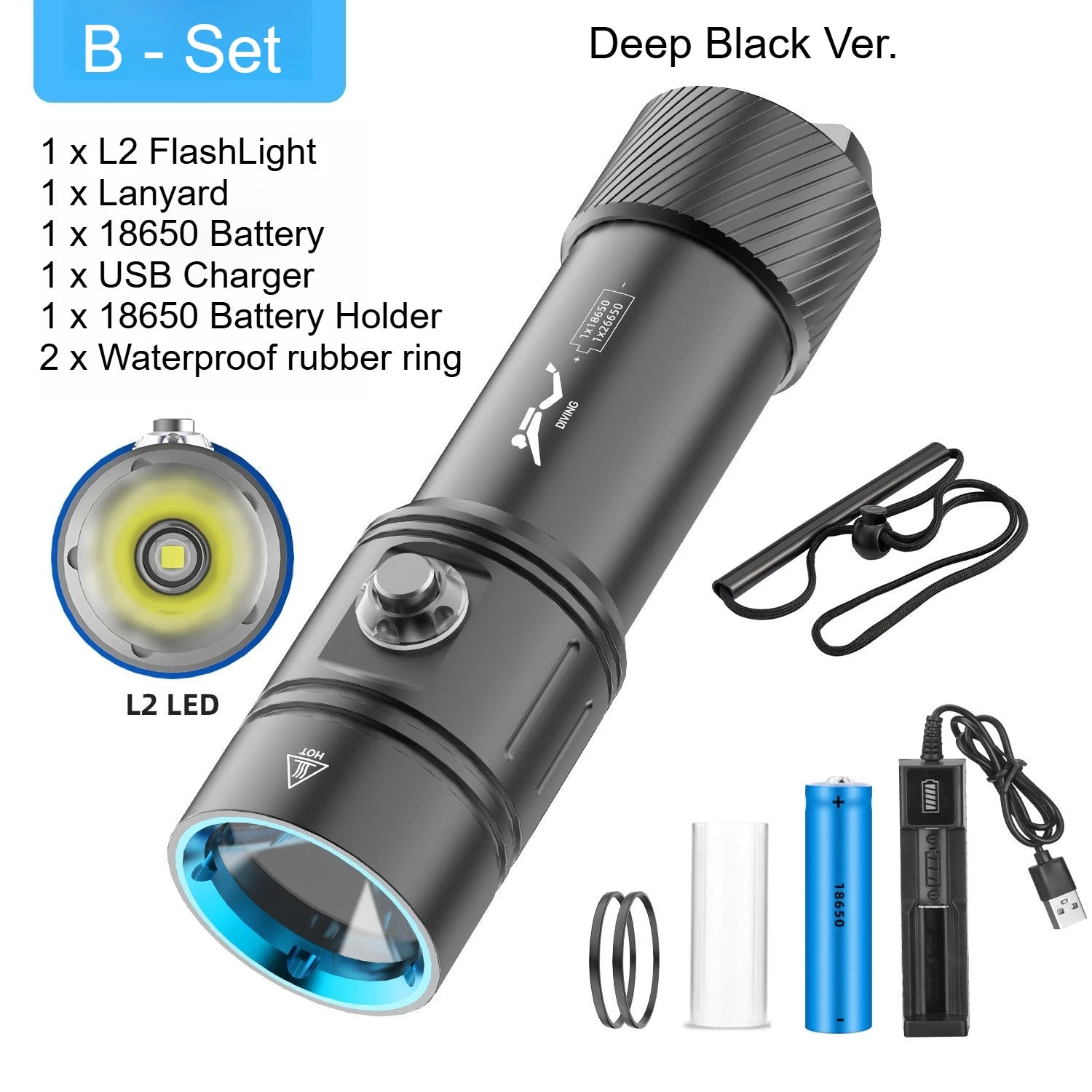 Professional diving L2-2000LM LED diving flashlight super bright IPX8 waterproof flashlight underwater 200M fishing flashlight