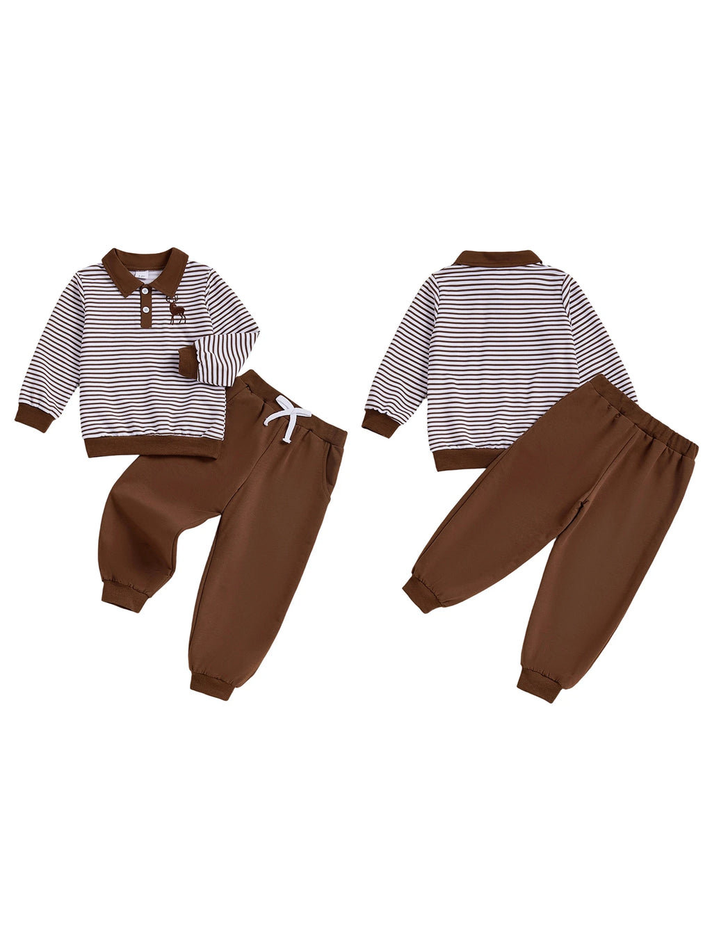 Boys Winter 2Pcs Outfits Long Sleeve Lapel Reindeer Embroidery Plaid Tops Solid Color Trousers Sets Warm Clothing