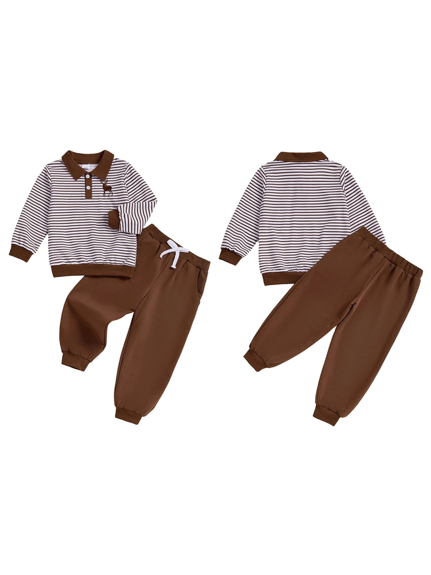 Boys Winter 2Pcs Outfits Long Sleeve Lapel Reindeer Embroidery Plaid Tops Solid Color Trousers Sets Warm Clothing
