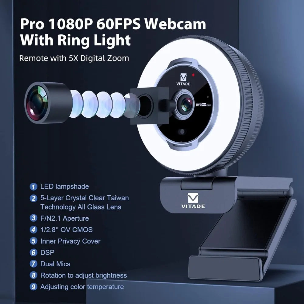 1080P 60FPS Streaming Webcam with Remote Control, 5X Digital Zoom, Adjustable Ring Light & Tripod, Privacy Shutter, USB-A/C for Laptop/Mac/PC