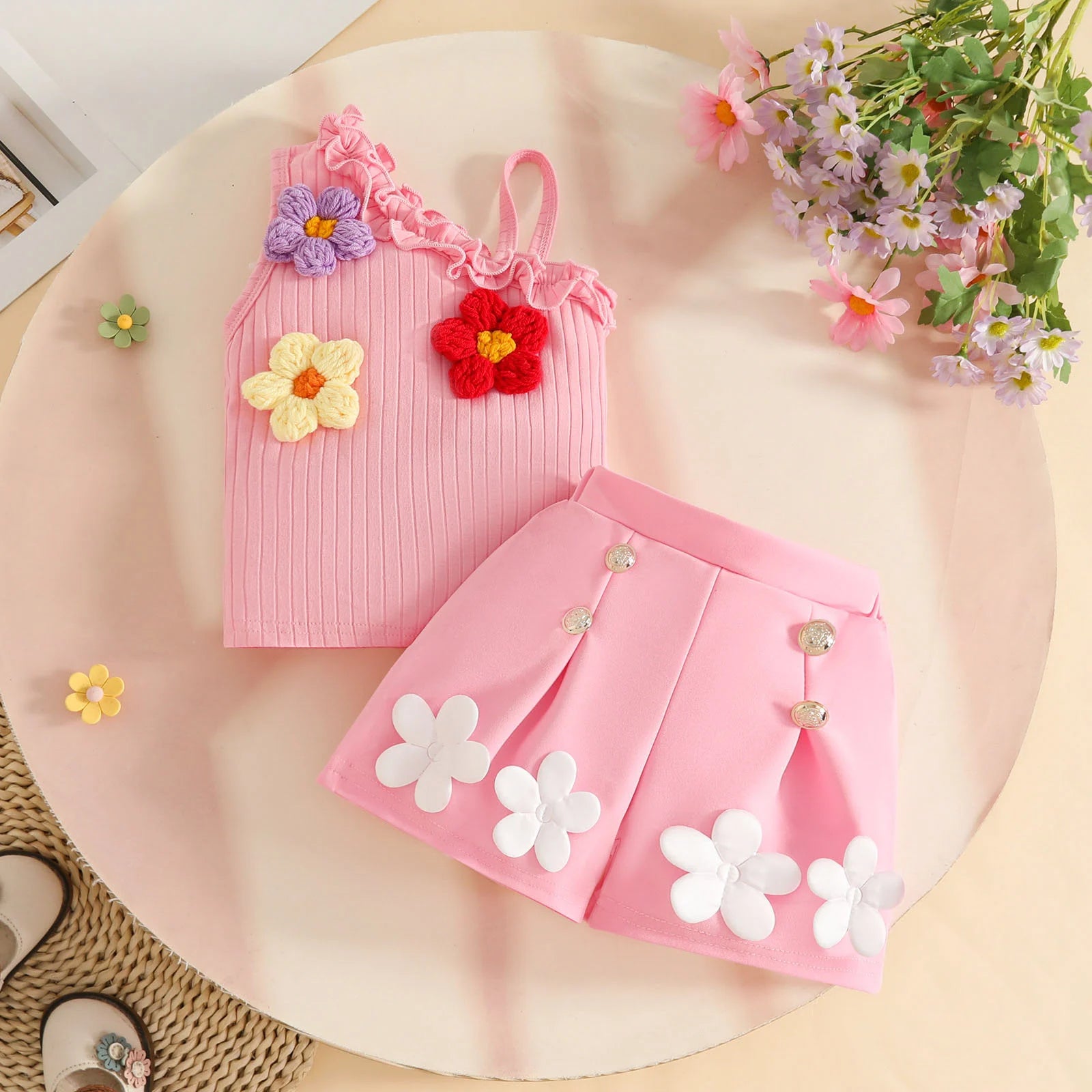 Flower Embroidery Sleeveless Smocked Tops Shorts Set Toddler Baby Girl Summer Clothes Cute Two Children'S Baby Clothing Sets