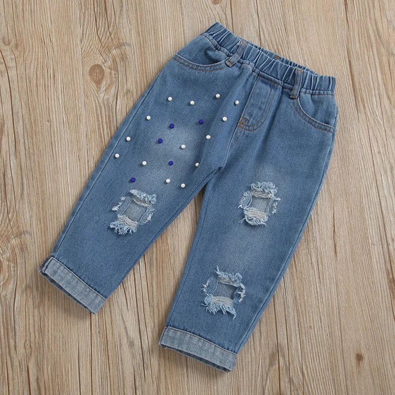 01-26  Girls Summer 2PCS Pants Sets White Sleeveless Cami Tops Blue Ripped Denim Pants Sets