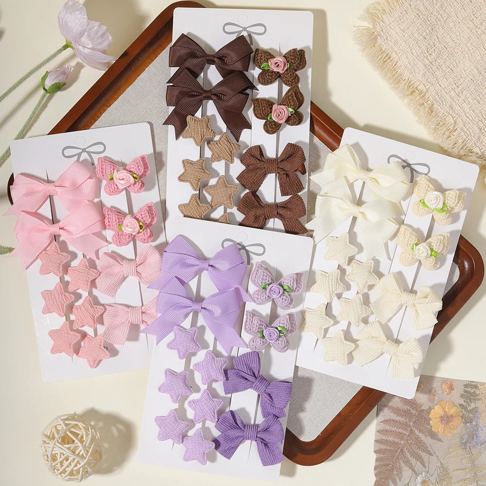 12pcs/set Girl Bow Hair Clips Butterfly Hairpins Star Clip Cute Bowknot  Barrettes Texture Decoration Gift Baby Hair Accessories