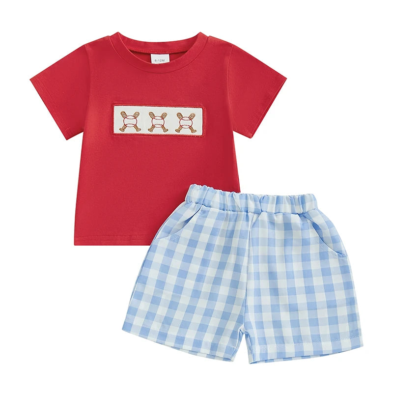 Boys 2-Piece Outfit Set with Embroidered Baseball Tee and Plaid Shorts Elastic Waistband Short Sleeve Top