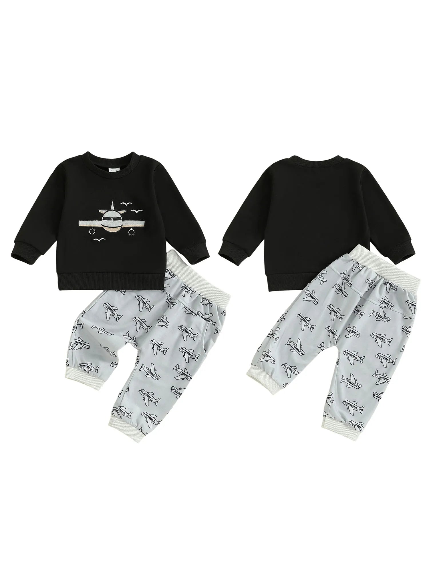 Baby Boy Autumn Clothes Airplane Embroidery Sweater Printed Elastic Waist Pants 2 Piece Outfit Set for Toddlers