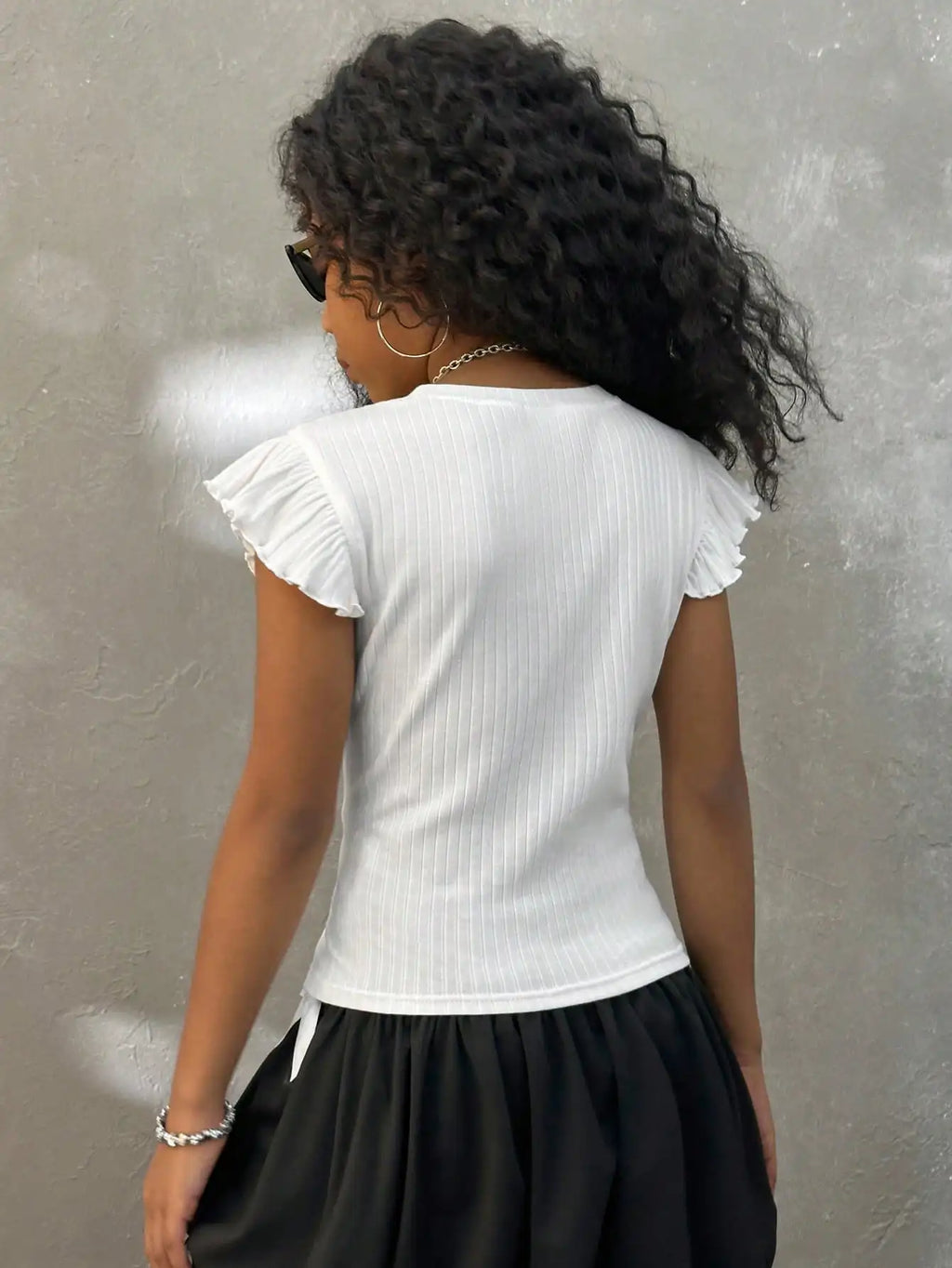 Girls White Ribbed T-Shirt with Ruffled Short Sleeves for Casual Wear