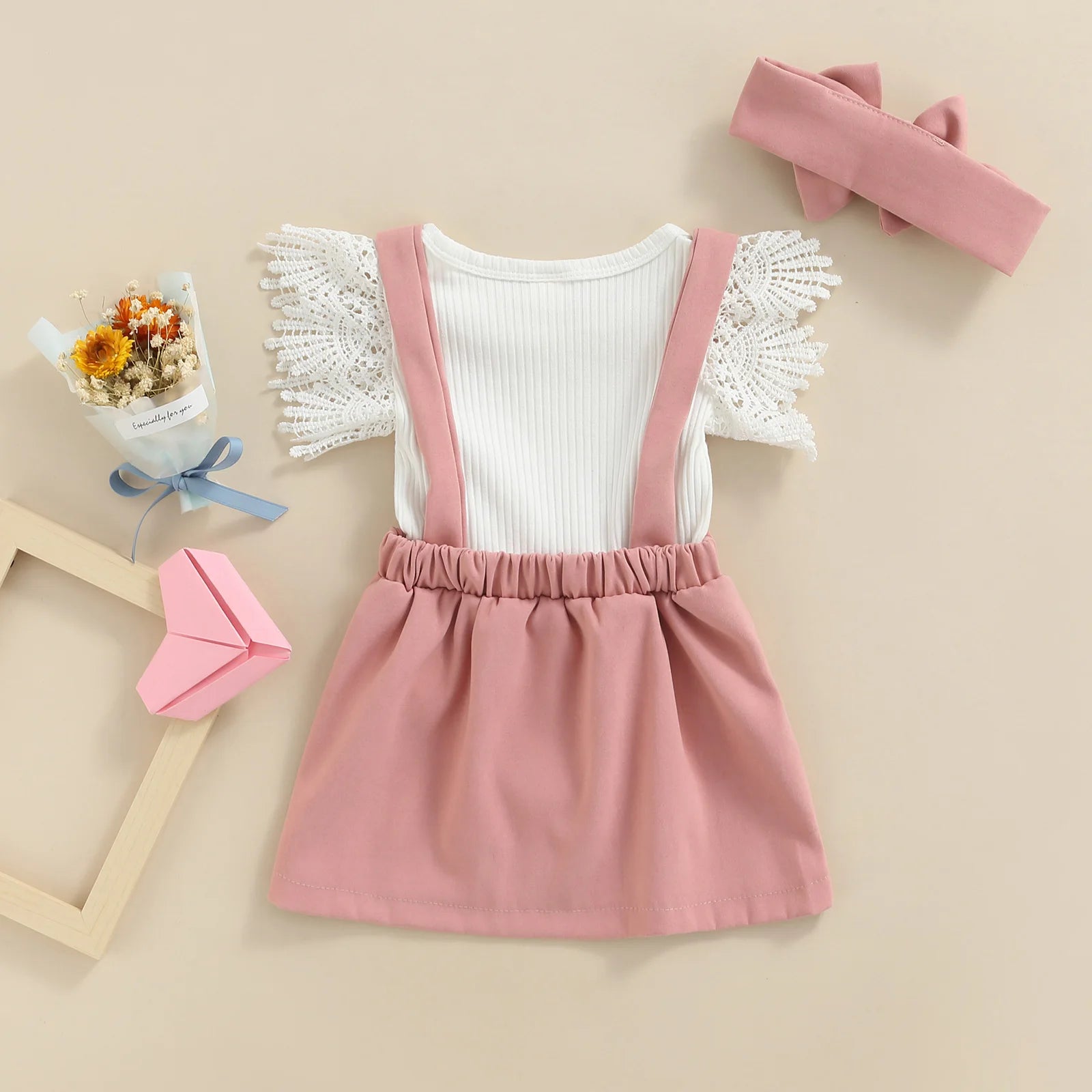 Infant Baby Girls Outfit Sets White Flying Sleeve Ribbed Romper + Solid Suspender Skirt + Headband Clothes