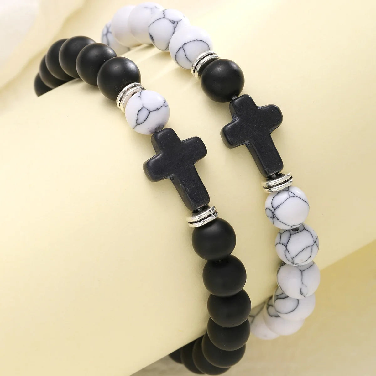 New Trendy Black Cross Black and White Bead Chain Bracelet Set Two-Piece Set Unique Niche Style Jewelry